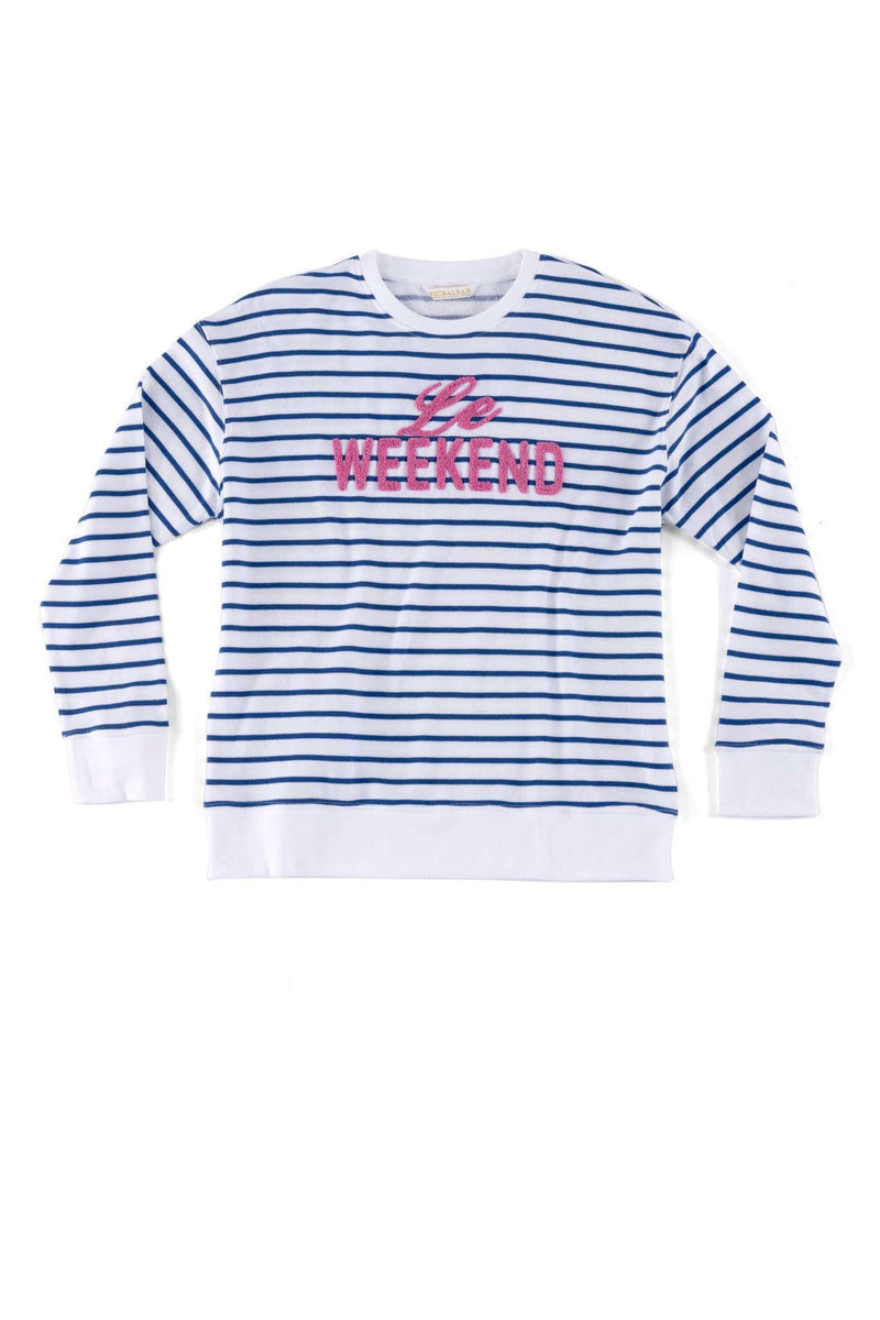 LE WEEKEND SWEATSHIRT, sky blue striped design with embroidery.