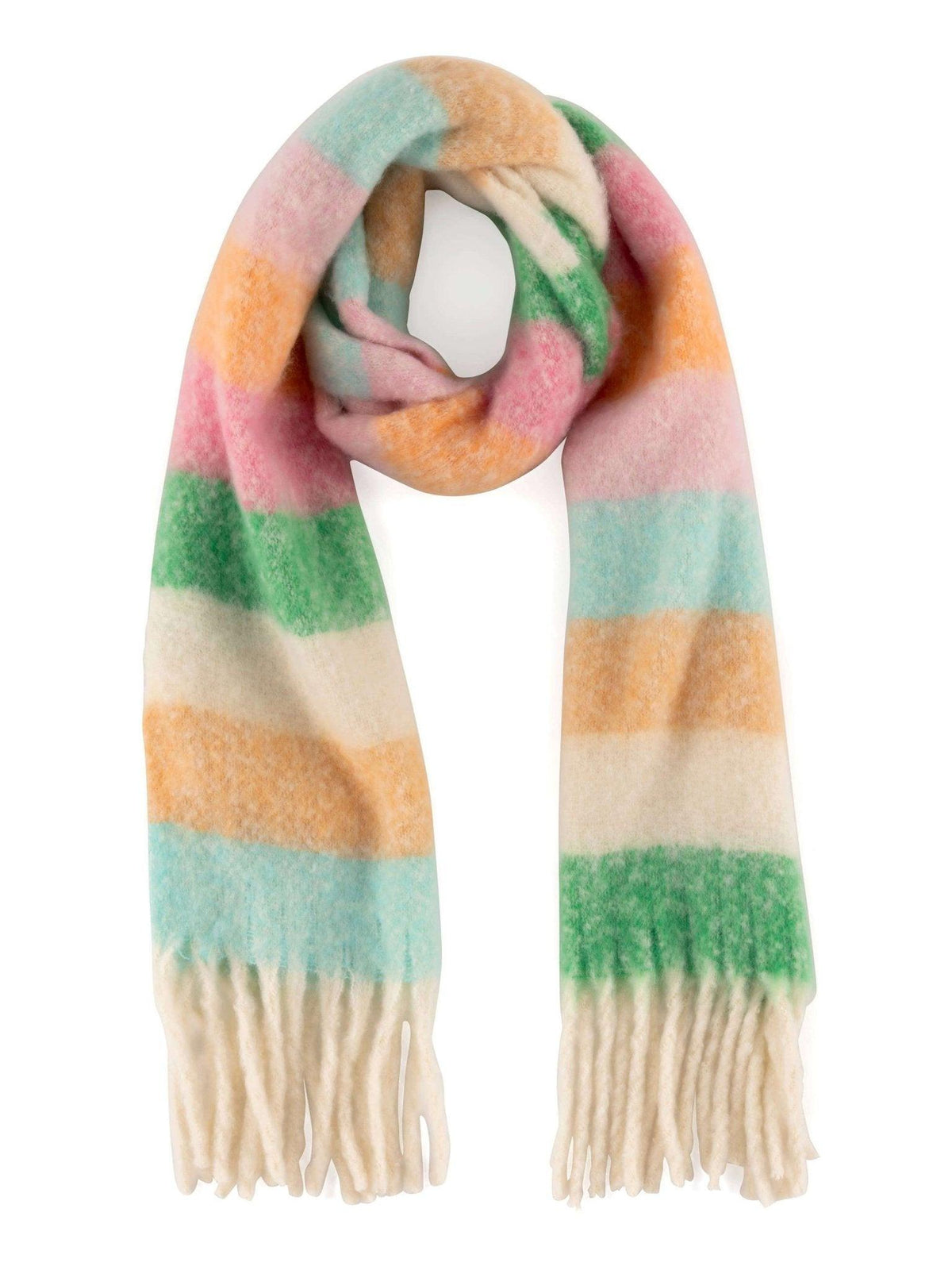 Luxuriously soft Leandra Scarf with bright green, white, orange, blue, and pink stripes and white fringe, perfect for winter style.