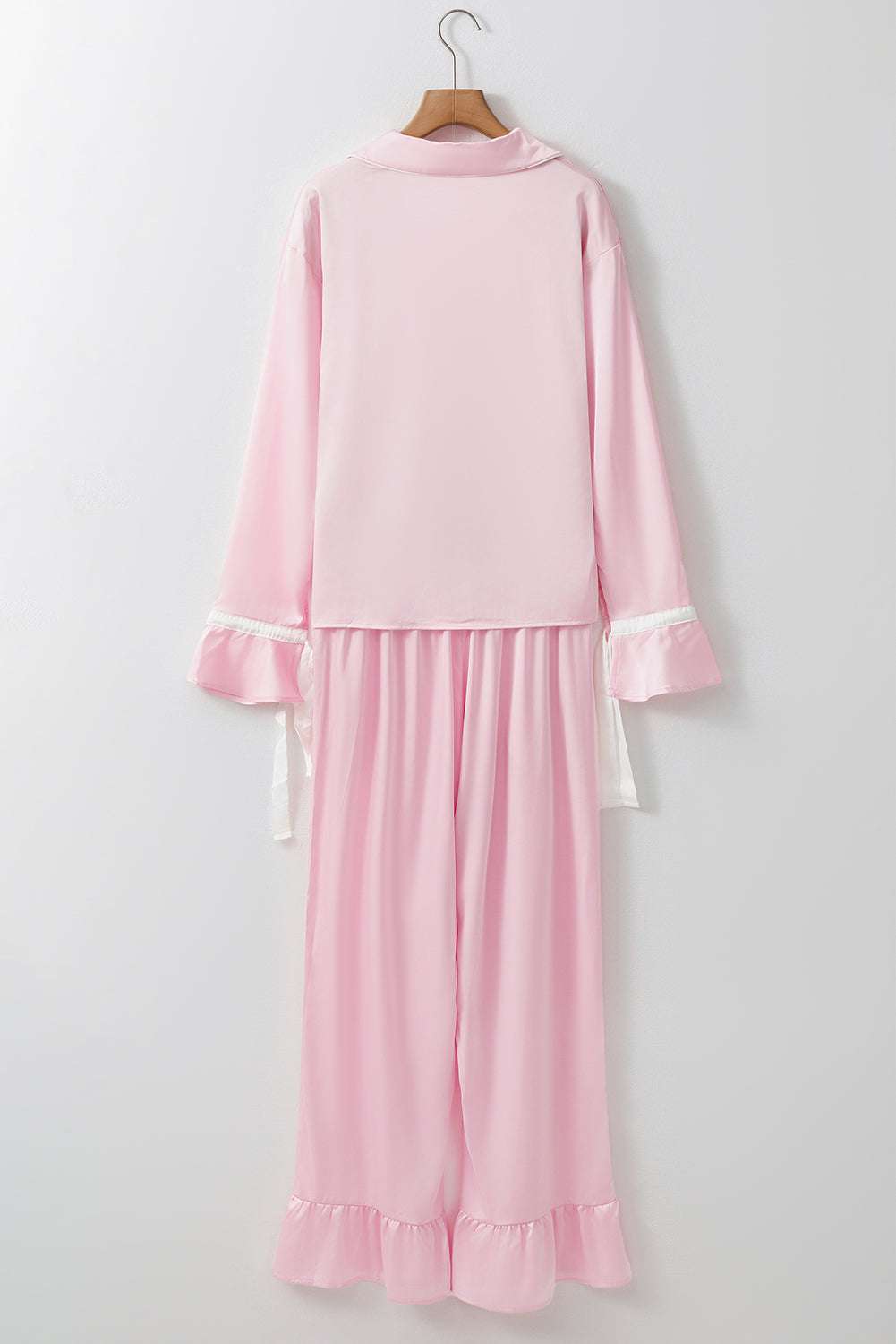 Light Pink Satin Knot Accent Shirt and Ruffled Pants Lounge Set - Jennie Dots