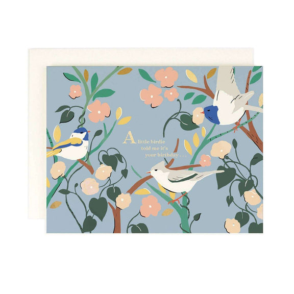 Little Birdie Told Me greeting card with gold foil accents, blank interior, and coordinating envelope.