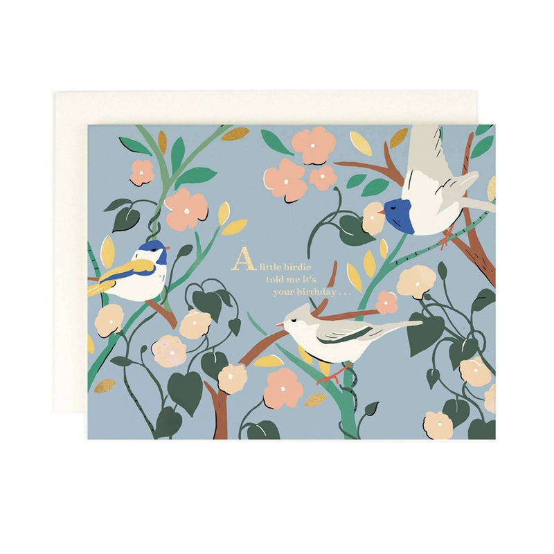 Little Birdie Told Me greeting card with gold foil accents, blank interior, and coordinating envelope.