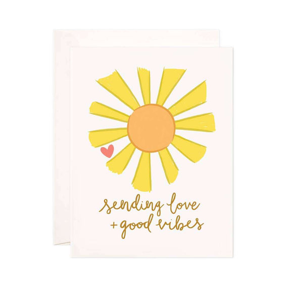 Love + Good Vibes greeting card with sun illustration and small red heart, perfect for encouragement and sympathy.