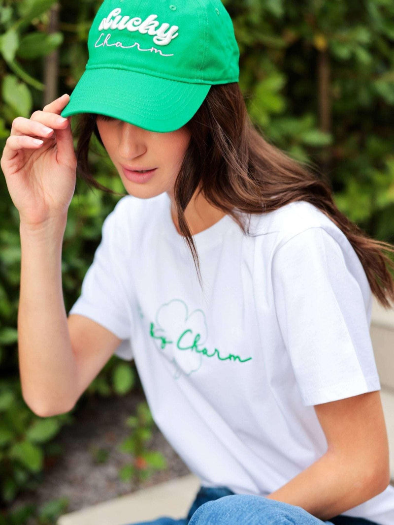 Green "LUCKY CHARM" ball cap, one size adjustable cotton.