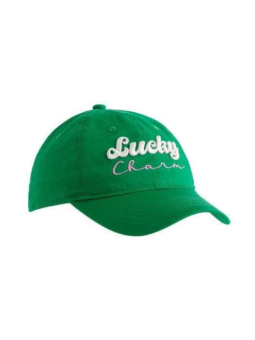 Green "LUCKY CHARM" ball cap, cotton, adjustable, one size.
