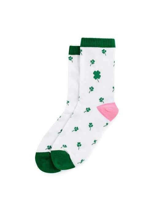 Lucky Shamrock Socks with green clovers, cotton blend, fits size 5-10.