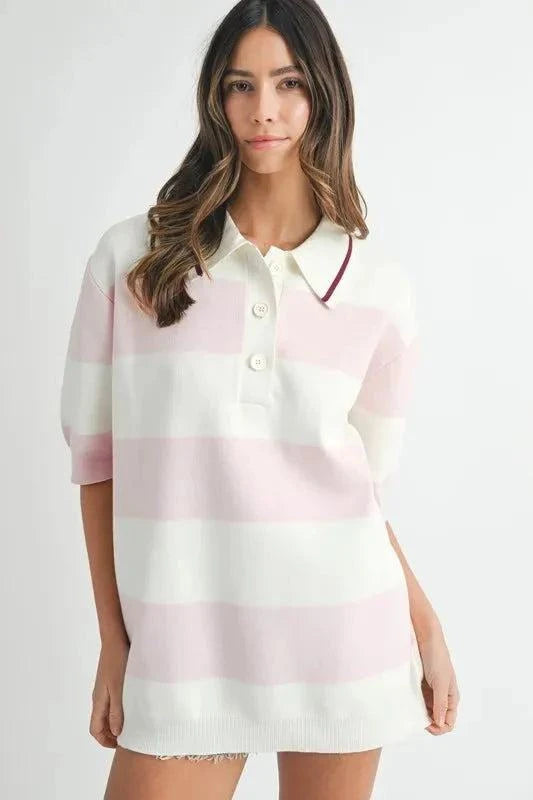 Oversized stripe polo collar sweater with buttoned design, pink and white stripes.