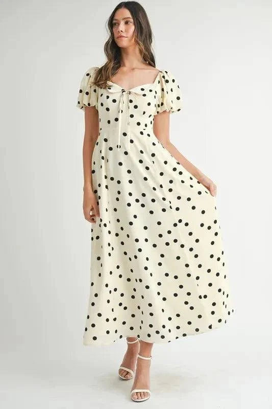 Polka Dot Puff Sleeve Midi Dress with Retro Style