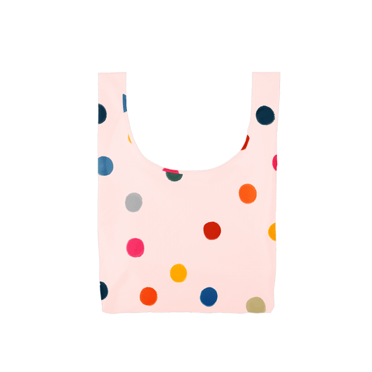 Medium Twist and Shouts tote bag with colorful polka dots.