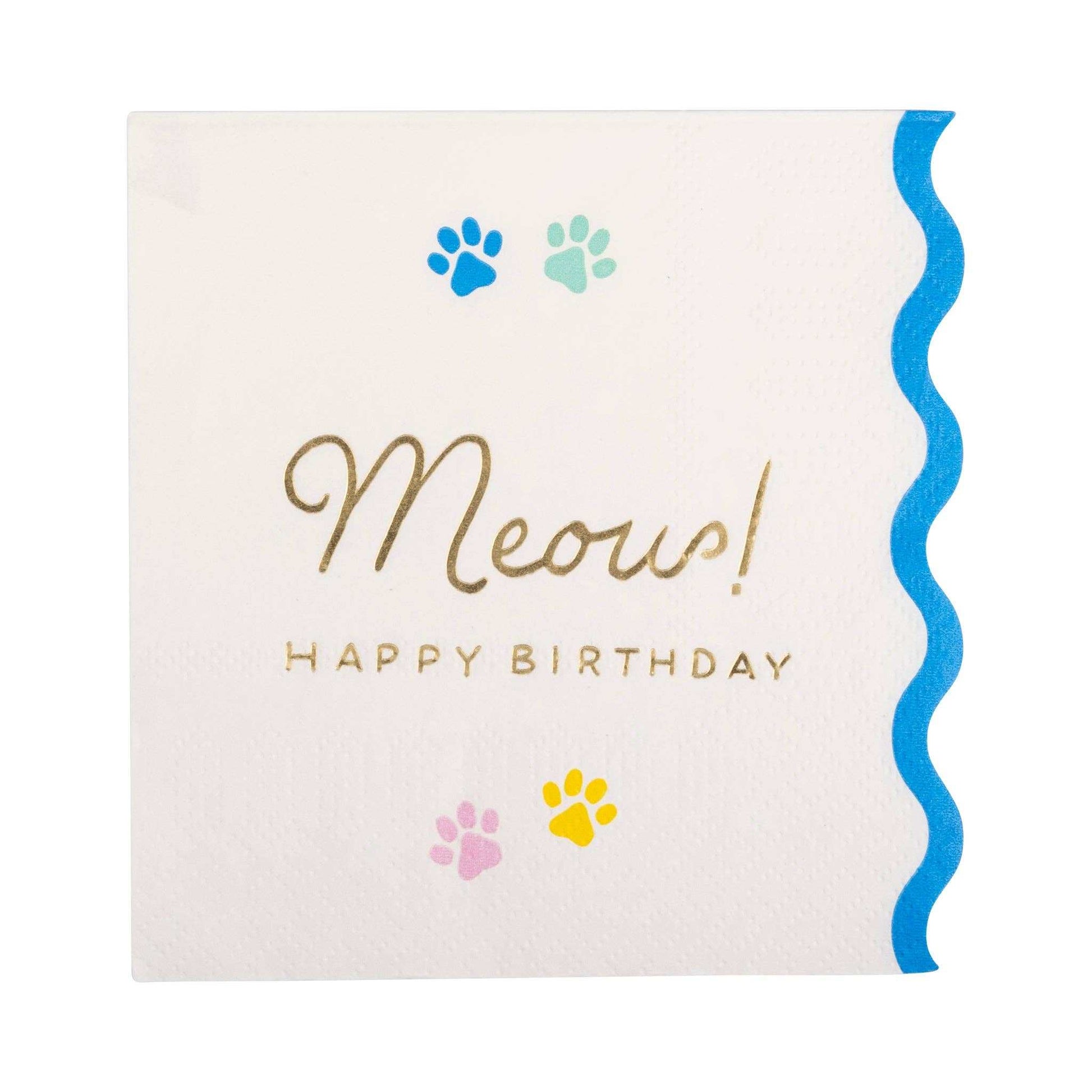 Meow Cocktail Napkin with paw prints and gold foil design.
