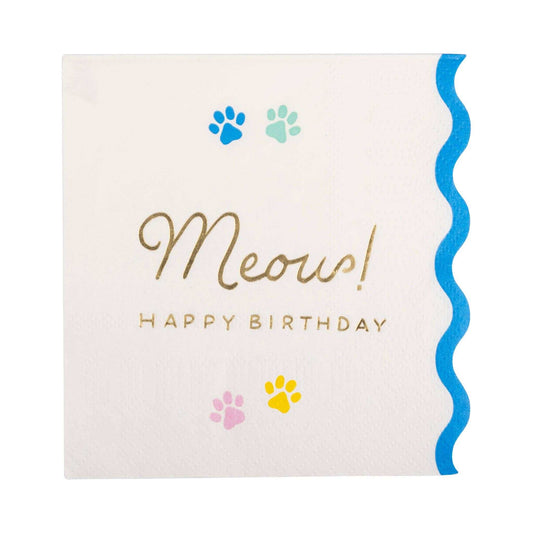 Meow Cocktail Napkin with paw prints and gold foil design.