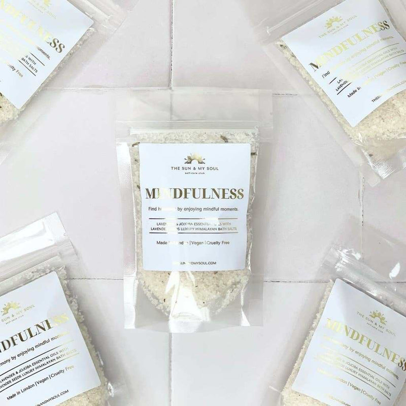 Mindfulness Luxury Himalayan Bath Salts with Lavender and Jojoba in eco-friendly, gift-ready packaging.