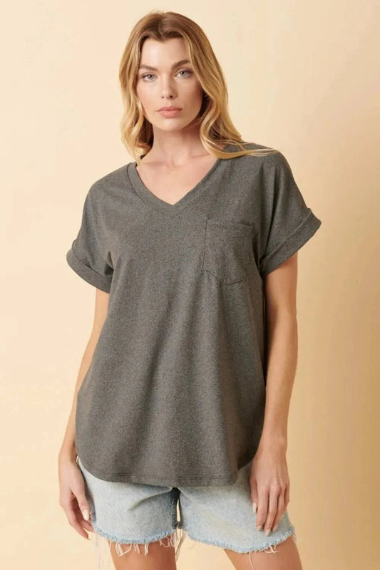 V-Neck Rolled Short Sleeve T-Shirt in charcoal gray with a trendy and comfortable style.
