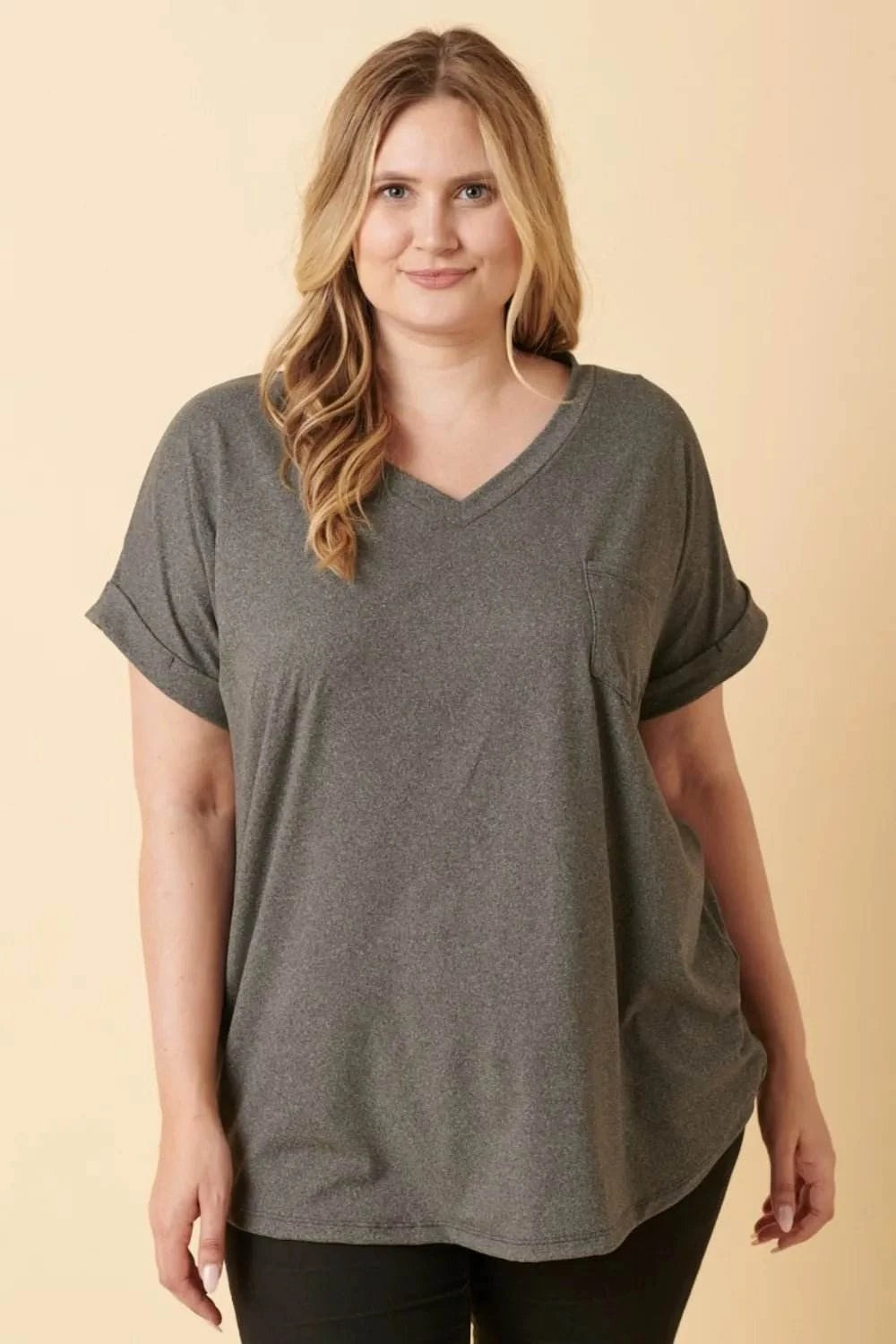 Mittoshop Full Size V - Neck Rolled Short Sleeve T-Shirt - Jennie Dots