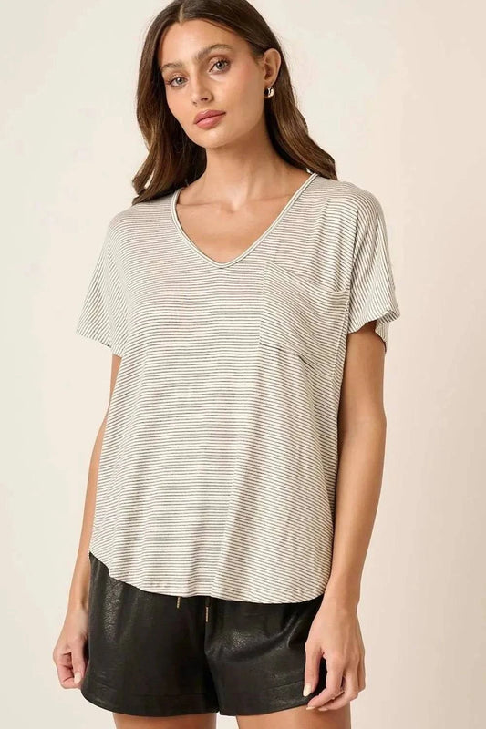 Striped V-Neck Short Sleeve T-Shirt with pocketed design, flattering fit, and comfortable fabric.