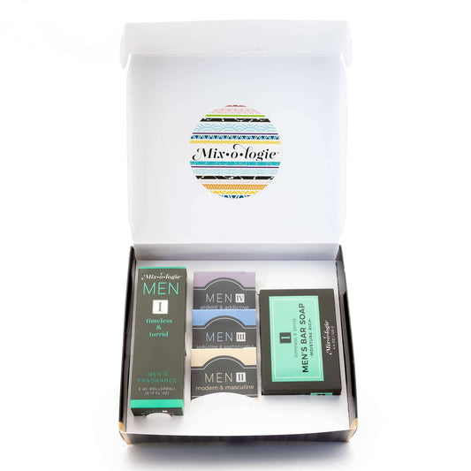 Mixologie Men's Gift Box Duo with cologne, bar soap, and samples in stylish packaging.