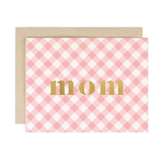 Mom Gingham Check greeting card with pink check pattern and gold text.
