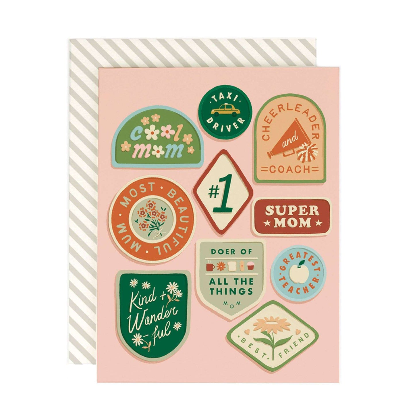 Mom Merit Badges Greeting Card with colorful badge designs on warm white cover paper.