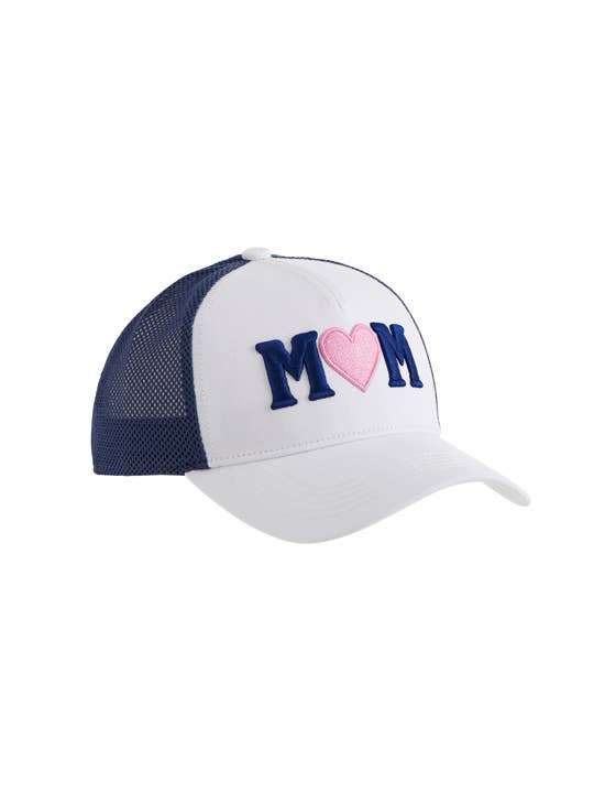 "MOM" trucker hat with pink heart, adjustable snap back, breathable mesh.