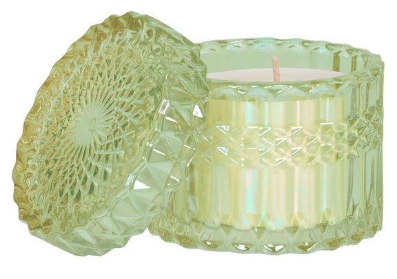 Morning Bloom 8oz Petite Shimmer Candle in vibrant green glass jar.