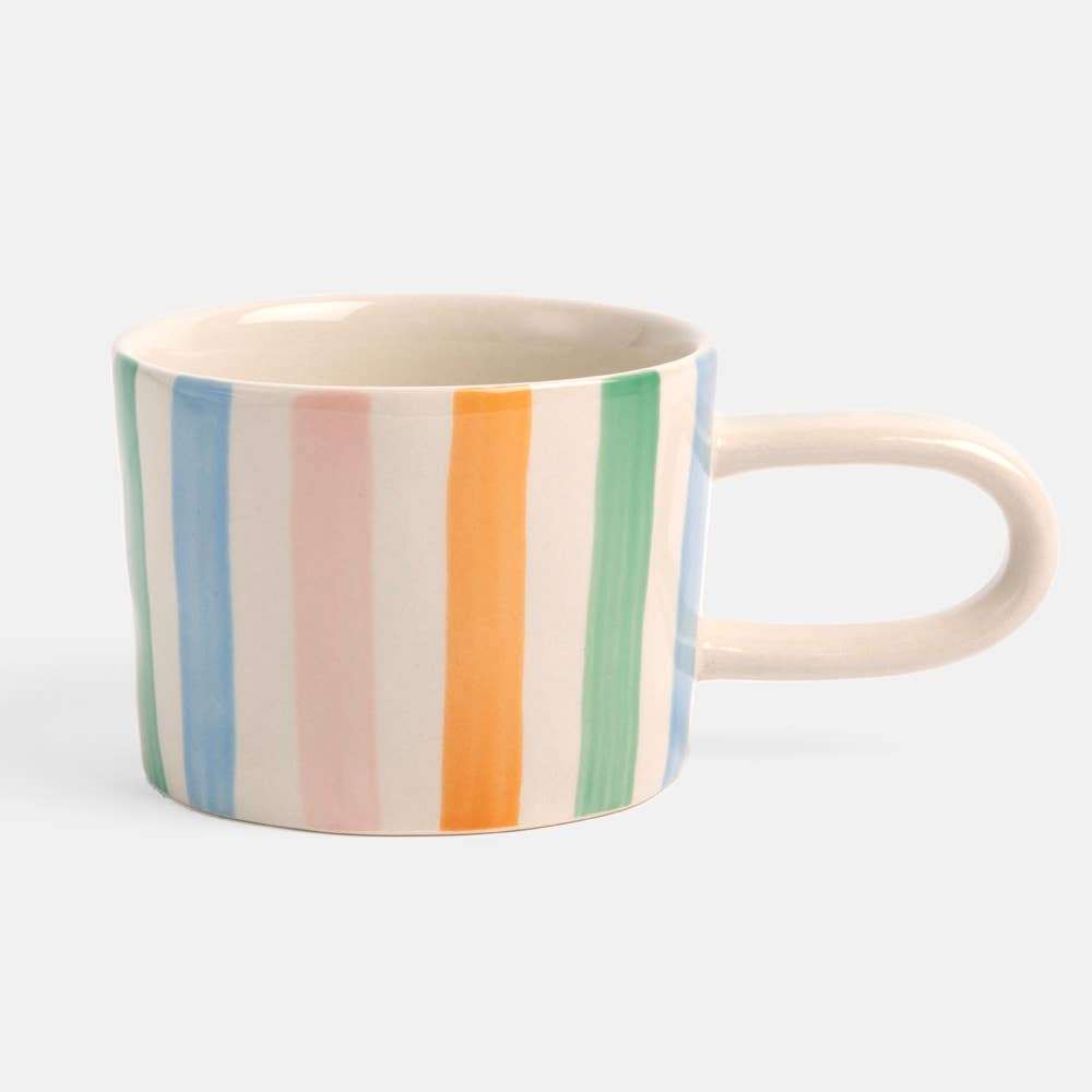 Hand-painted multi stripe mug with elongated handle.