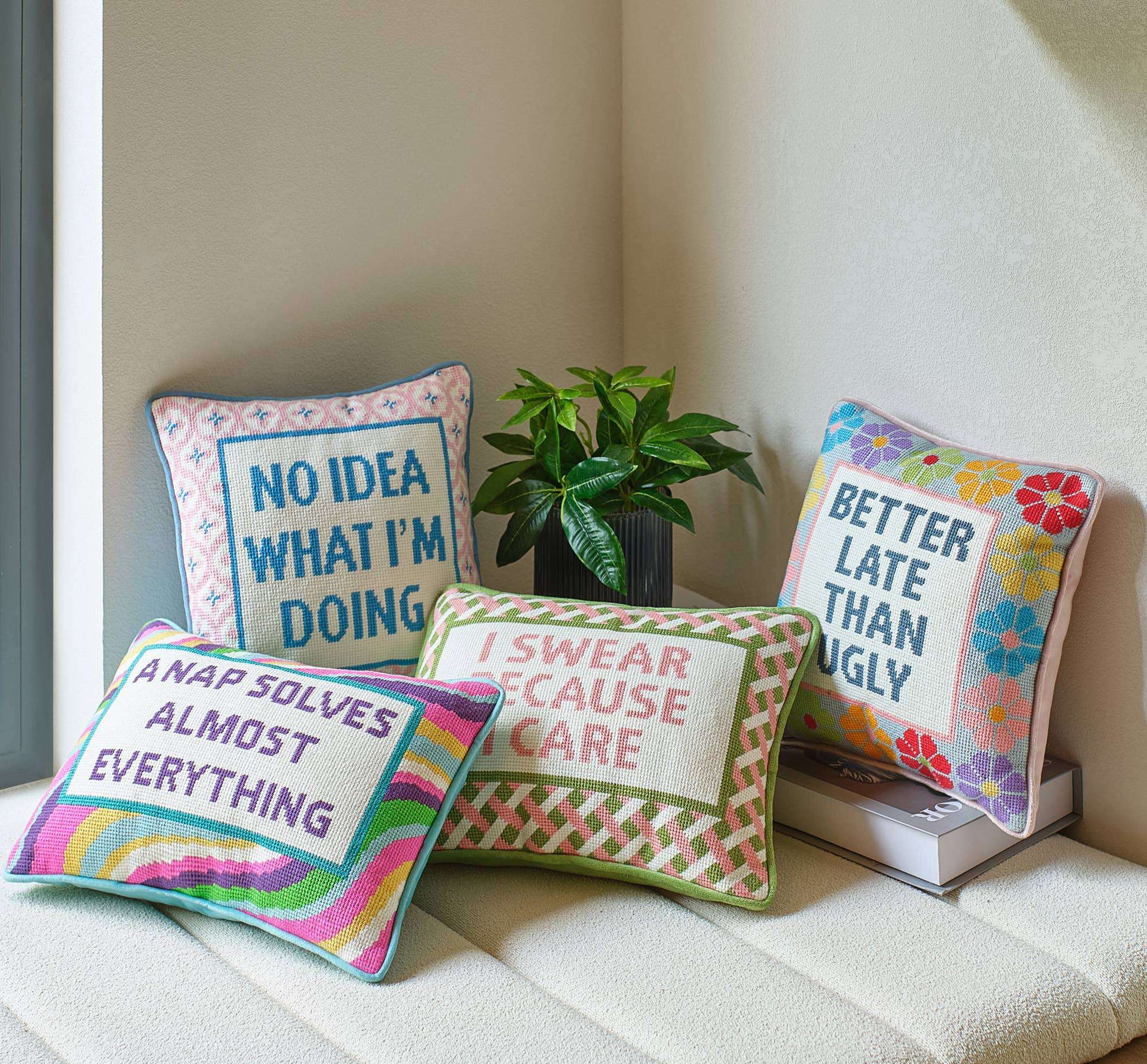 Nap Solves Almost Everythiny Embroidered Needlepoint Pillow - Jennie Dots