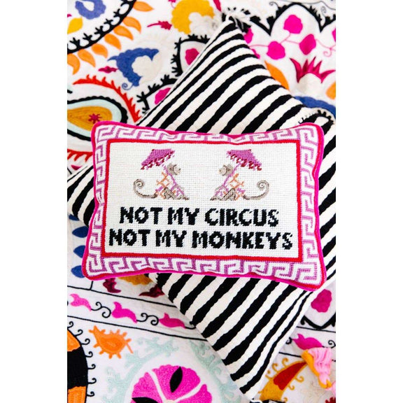 Not My Circus Needlepoint Pillow with hot pink velvet backing and embroidered design.