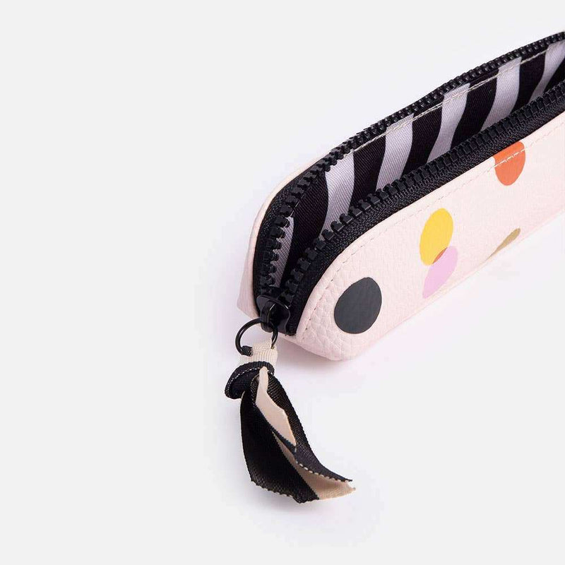 Pale Pink Dotty Pencil Case with colorful spots and contrast zip.