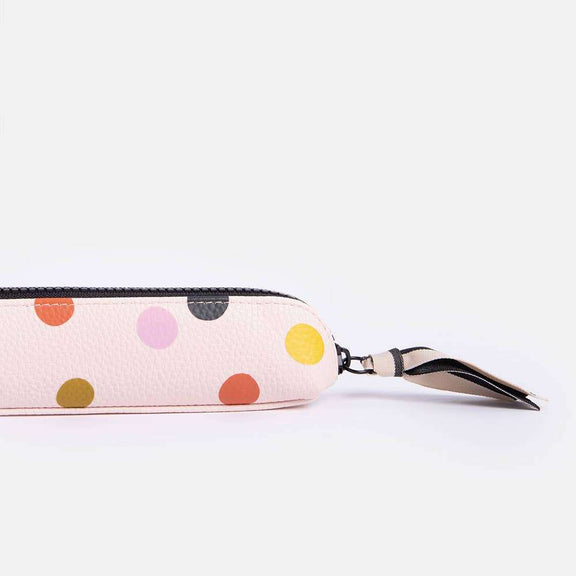 Pale Pink Dotty Pencil Case with Multi-Spot Print and Chunky Contrast Zip.