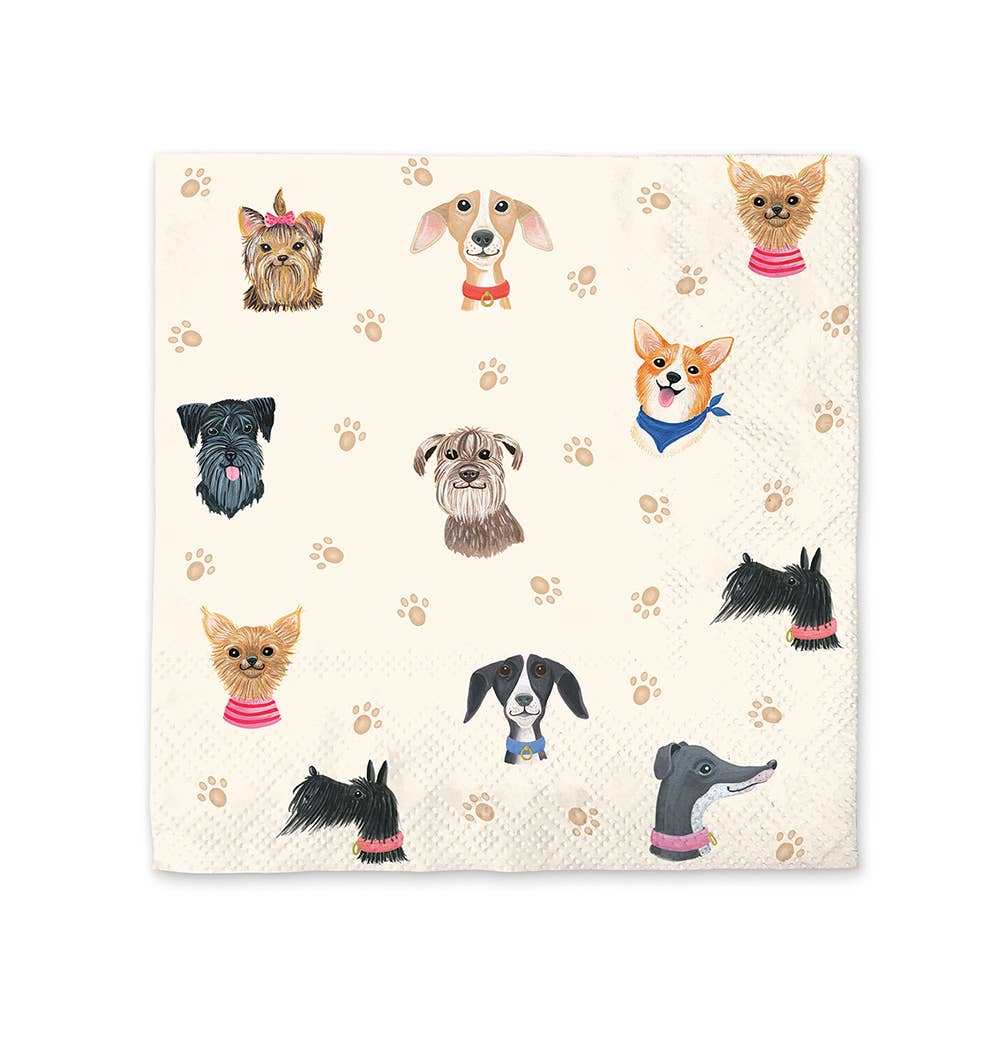 Paper beverage napkins with cute dog designs and paw prints, three-ply, 10x10 inches.