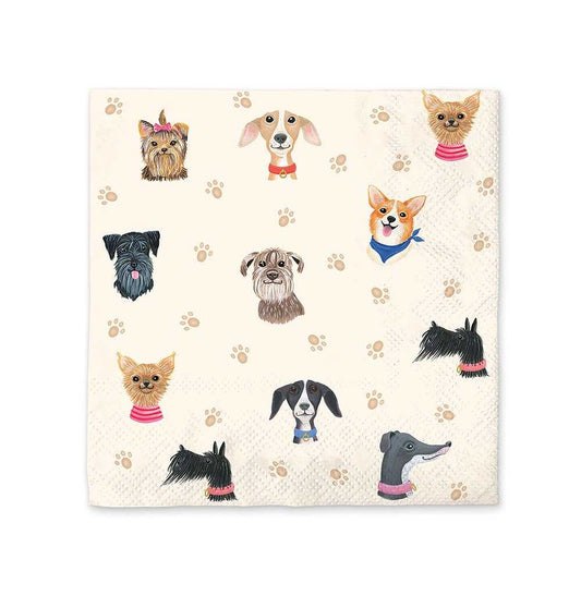 Paper beverage napkins with cute dog designs and paw prints, three-ply, 10x10 inches.