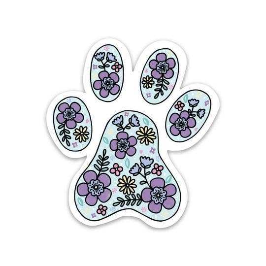 Paw print sticker with floral design, water and weather resistant, ideal for water bottles and laptops.