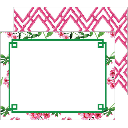 Pink Flowers Fretwork flat notecard with floral border on luxe white card stock.