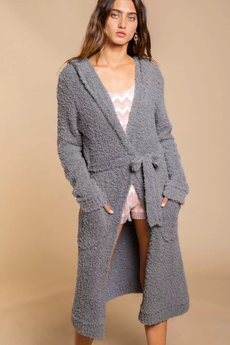 POL Berber fleece Tie Front Tunic Cardigan with Pockets - Jennie Dots