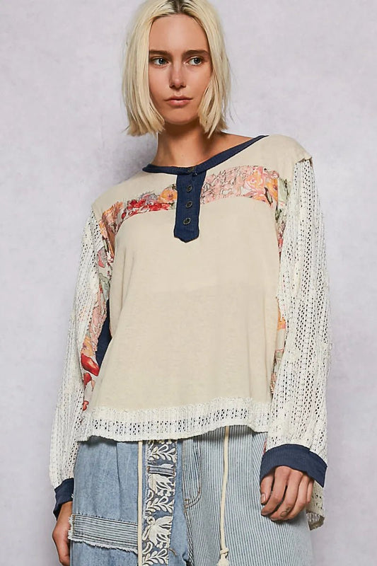 POL Button Detail Floral Patchwork Crochet Sleeve Blouse - Jennie Dots