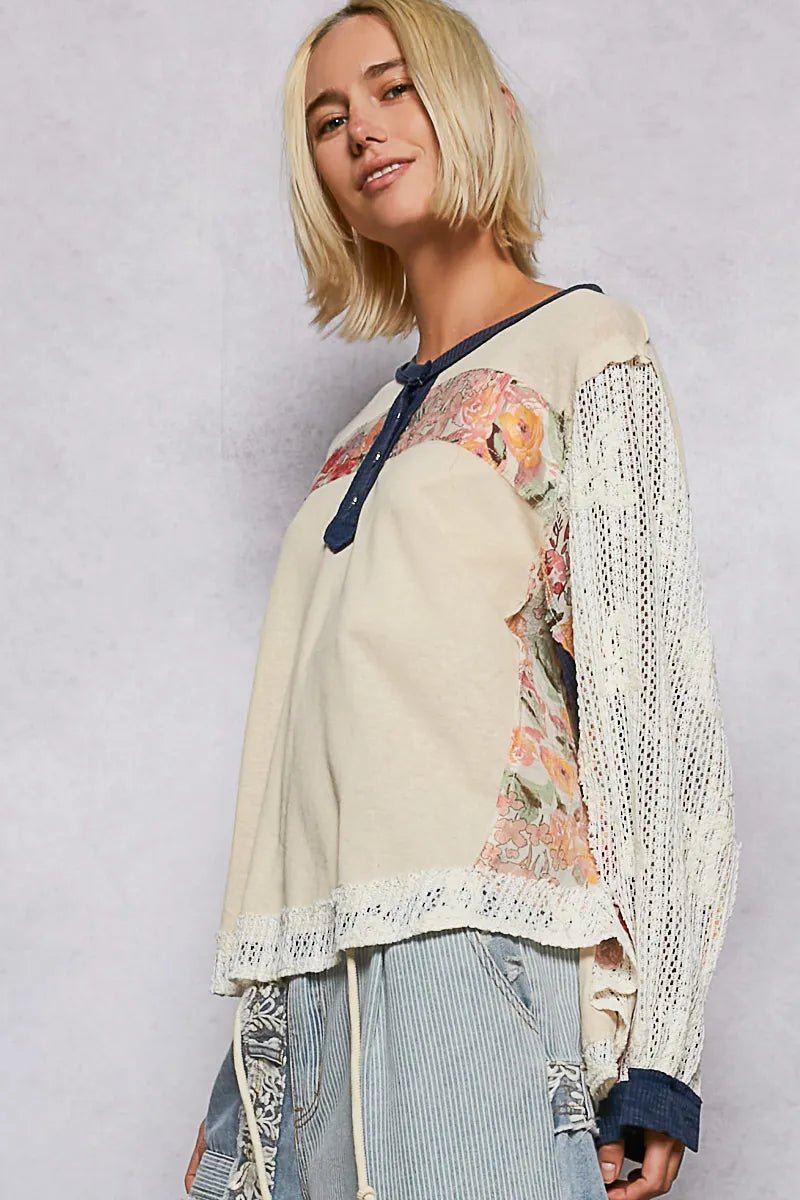 POL Button Detail Floral Patchwork Crochet Sleeve Blouse - Jennie Dots