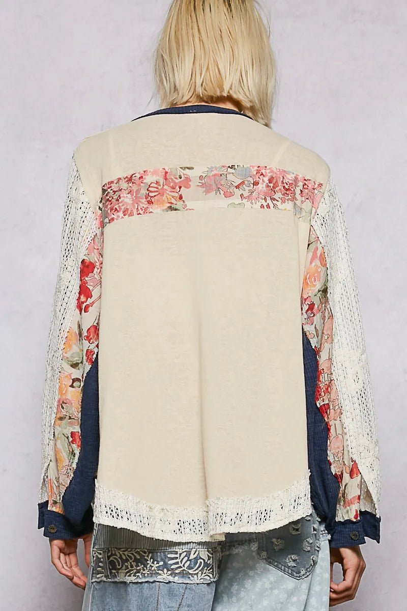 POL Button Detail Floral Patchwork Crochet Sleeve Blouse - Jennie Dots