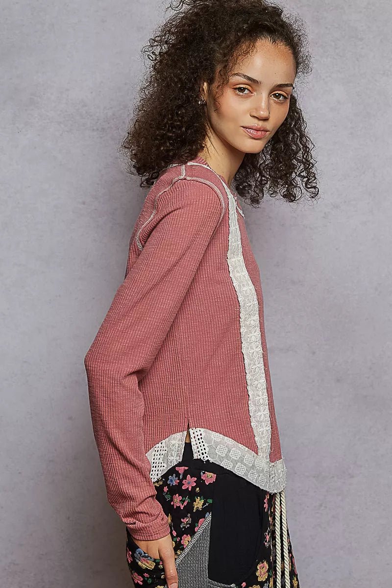 POL Contrast Round Neck Long Sleeve Ribbed Top with Eyelet Patch - Jennie Dots