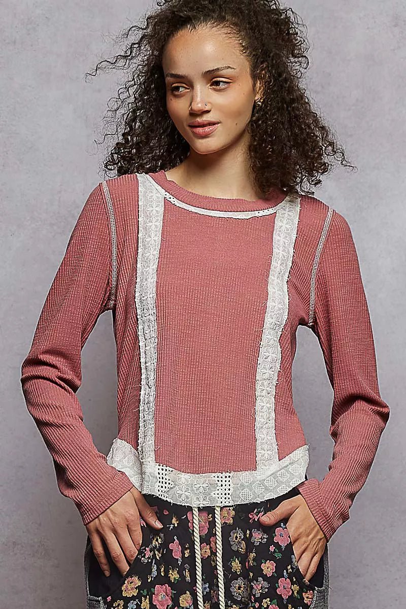 POL Contrast Round Neck Long Sleeve Ribbed Top with Eyelet Patch - Jennie Dots