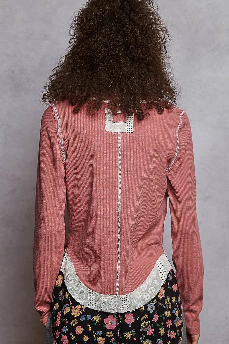 POL Contrast Round Neck Long Sleeve Ribbed Top with Eyelet Patch - Jennie Dots