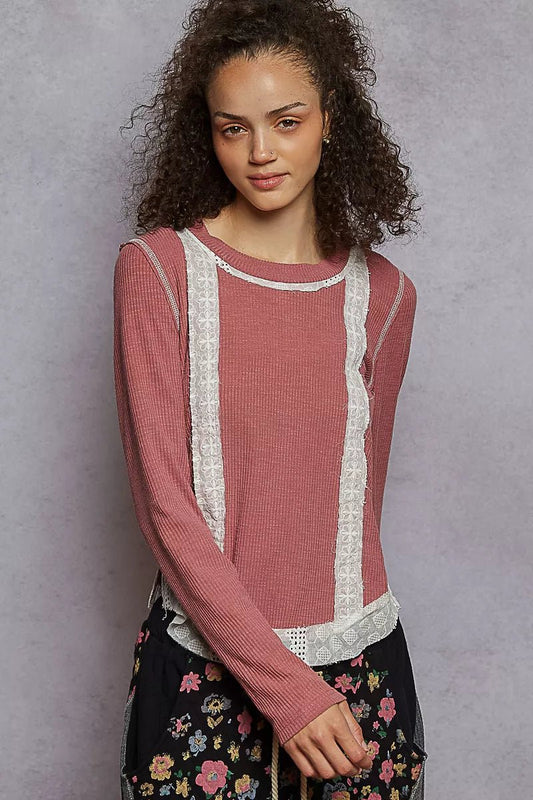 POL Contrast Round Neck Long Sleeve Ribbed Top with Eyelet Patch - Jennie Dots