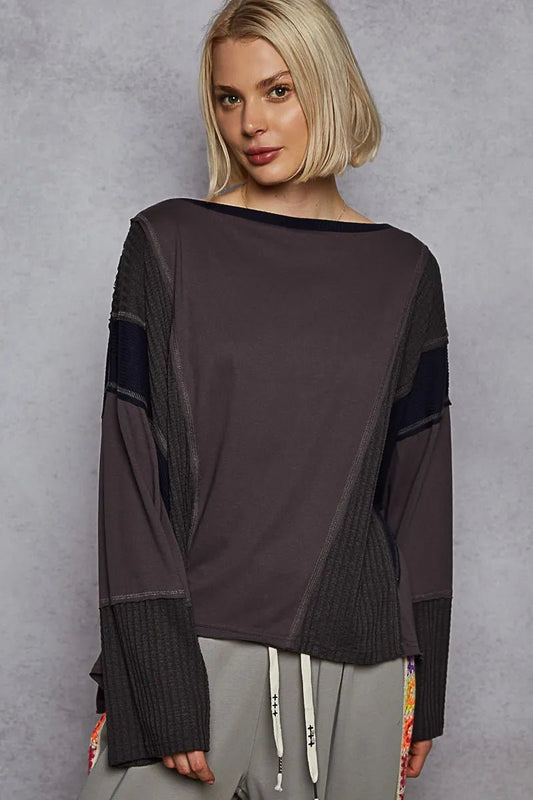 POL Contrast Round Neck Long Sleeve T-Shirt - Jennie Dots