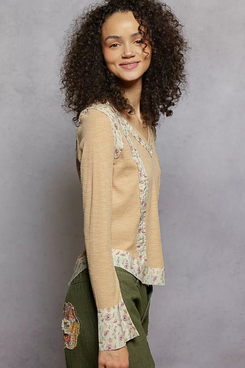 POL Floral Patch V - Neck Long Sleeve Ribbed Top - Jennie Dots