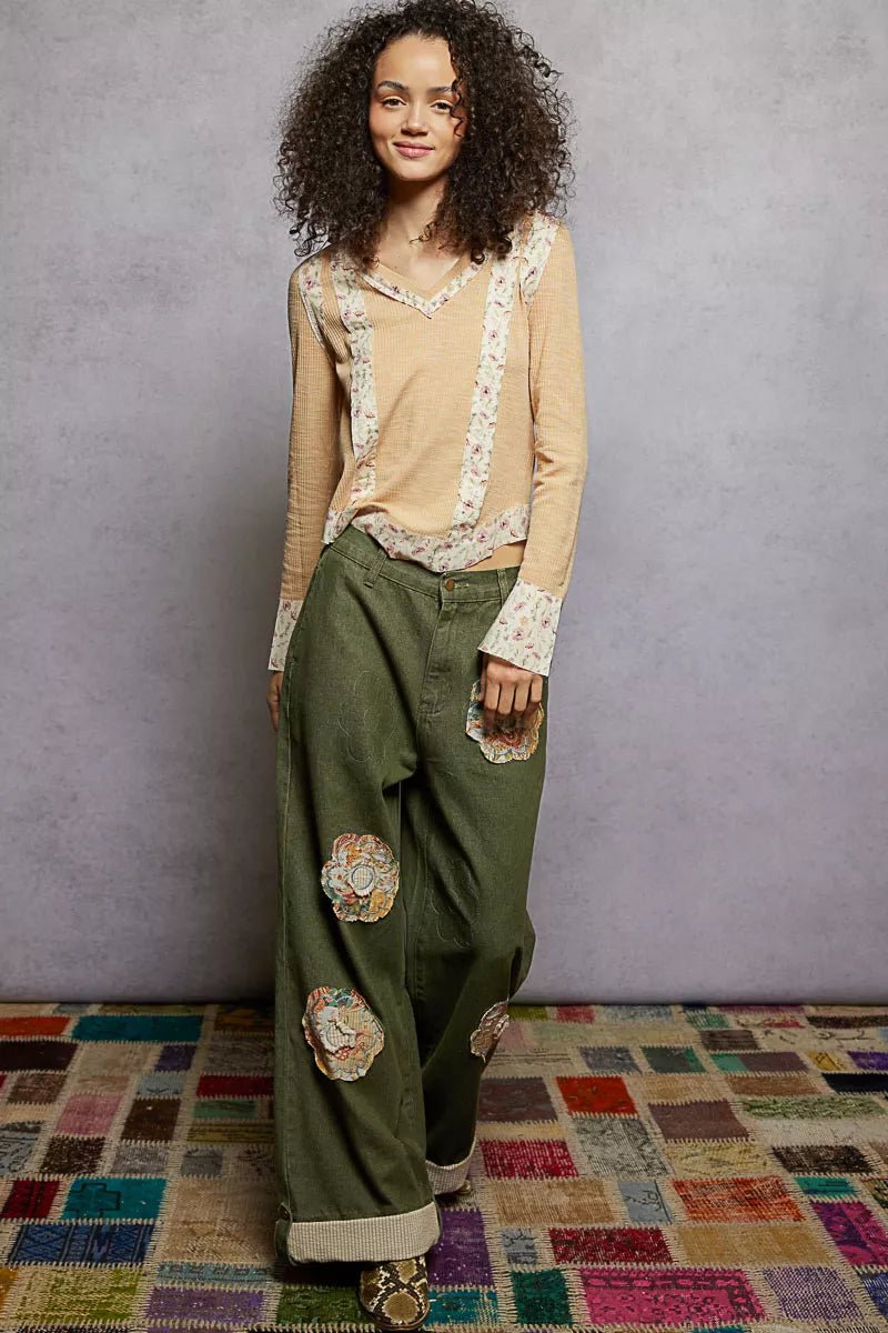 POL Floral Patch V - Neck Long Sleeve Ribbed Top - Jennie Dots