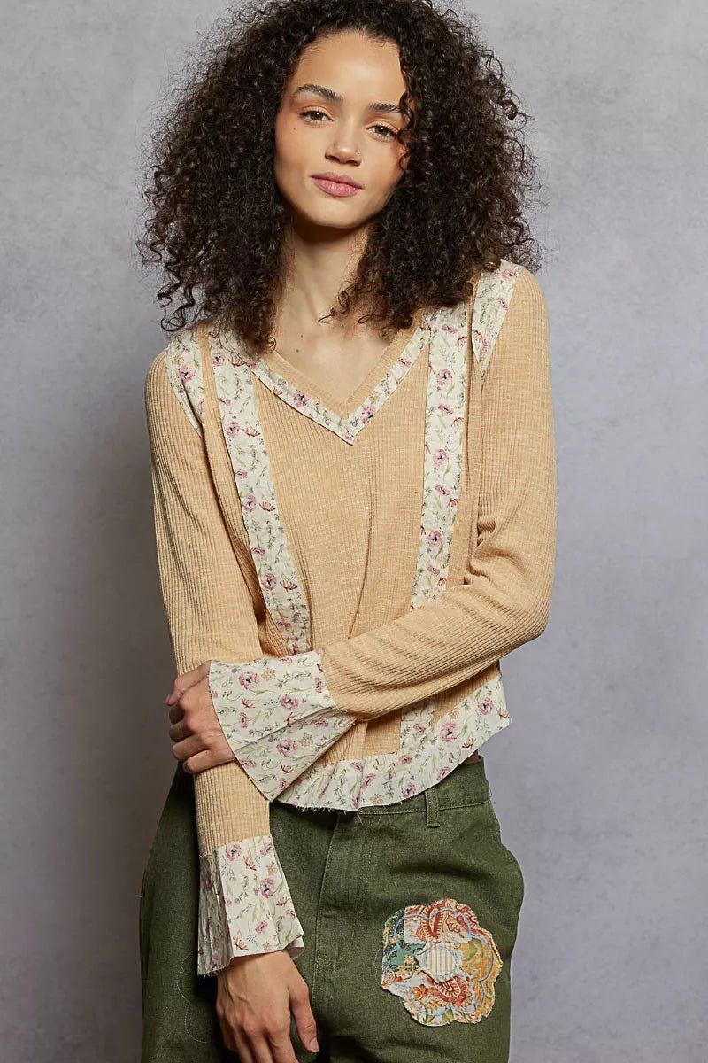 POL Floral Patch V - Neck Long Sleeve Ribbed Top - Jennie Dots