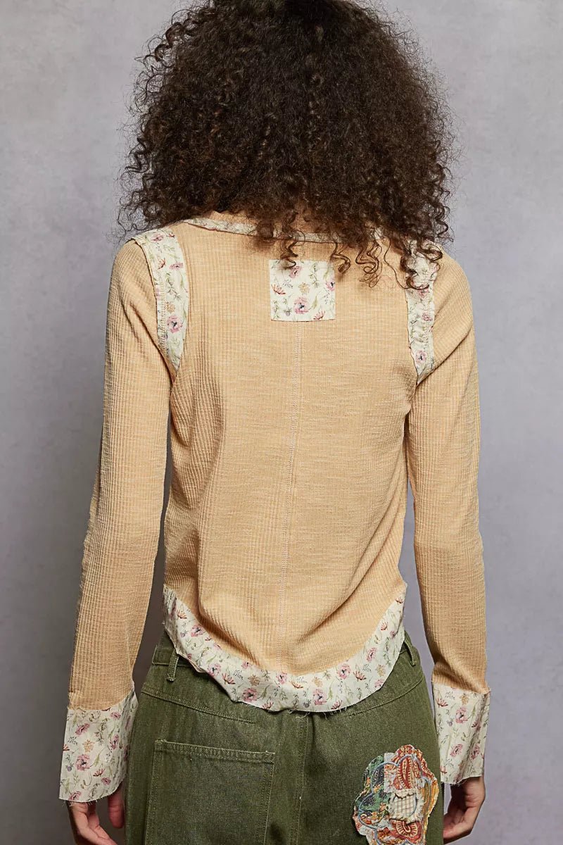 POL Floral Patch V - Neck Long Sleeve Ribbed Top - Jennie Dots