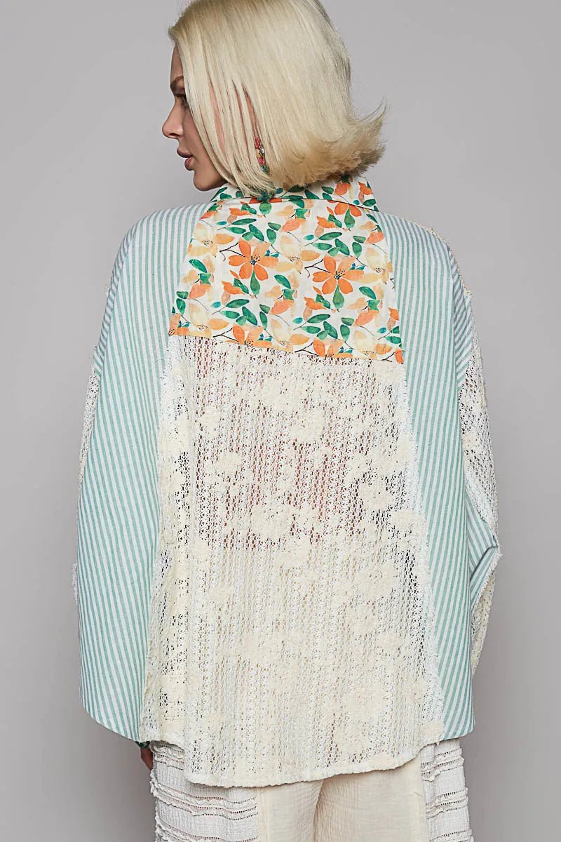 POL Lace Long Sleeve Shirt with Floral and Striped Pattern - Jennie Dots