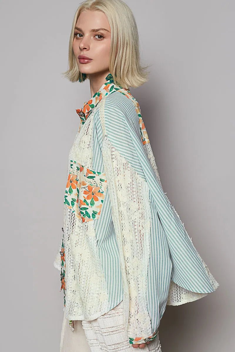 POL Lace Long Sleeve Shirt with Floral and Striped Pattern - Jennie Dots