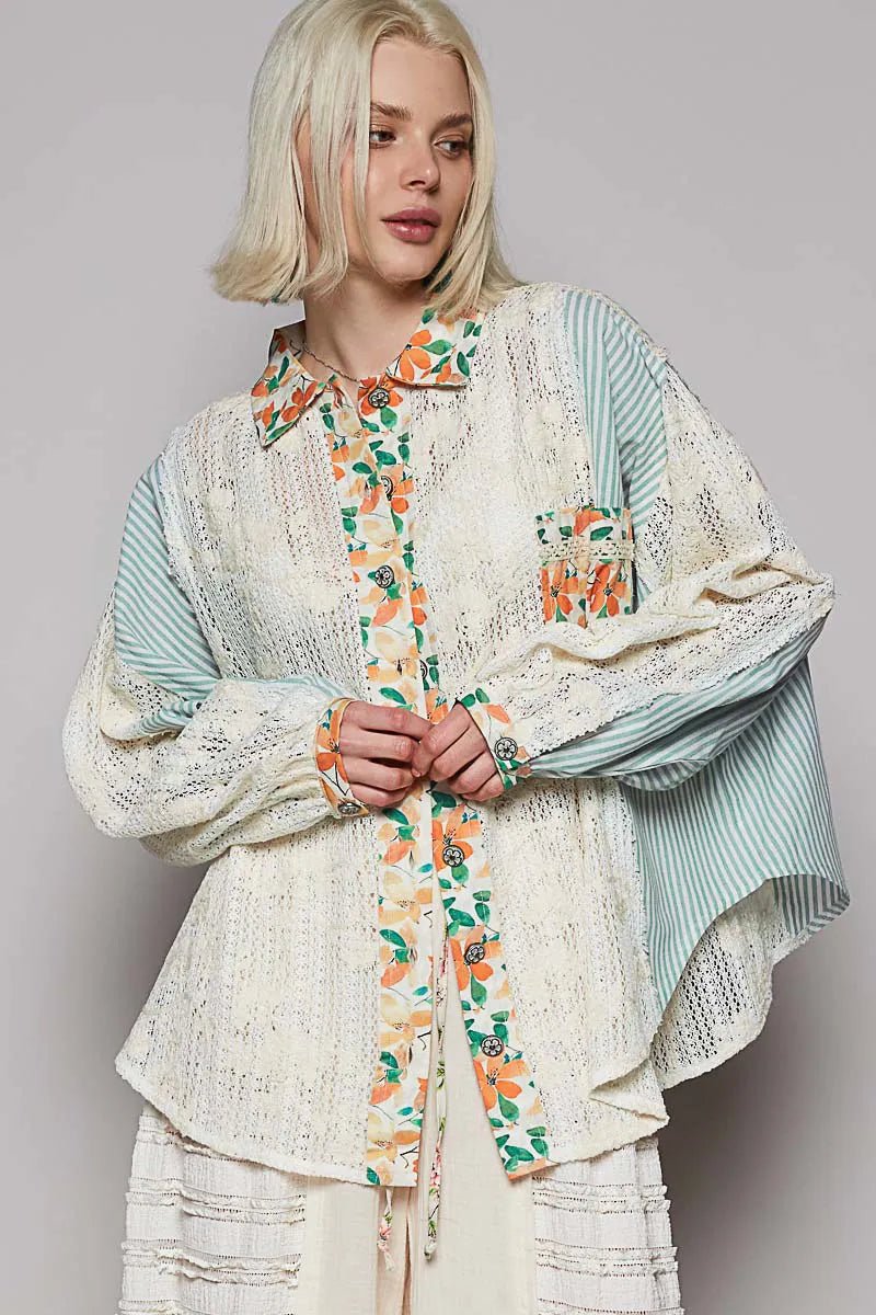 POL Lace Long Sleeve Shirt with Floral and Striped Pattern - Jennie Dots