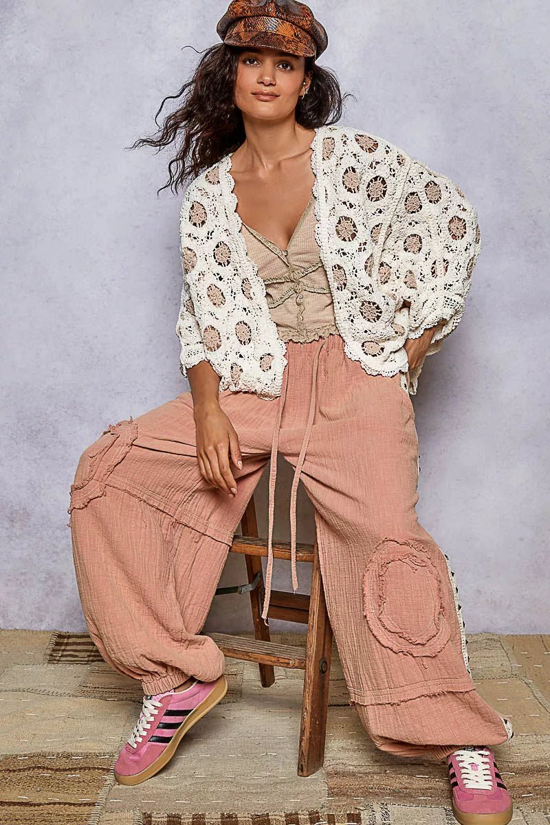 POL Openwork V - Neck Chenille Cardigan with Contrast Floral - Jennie Dots