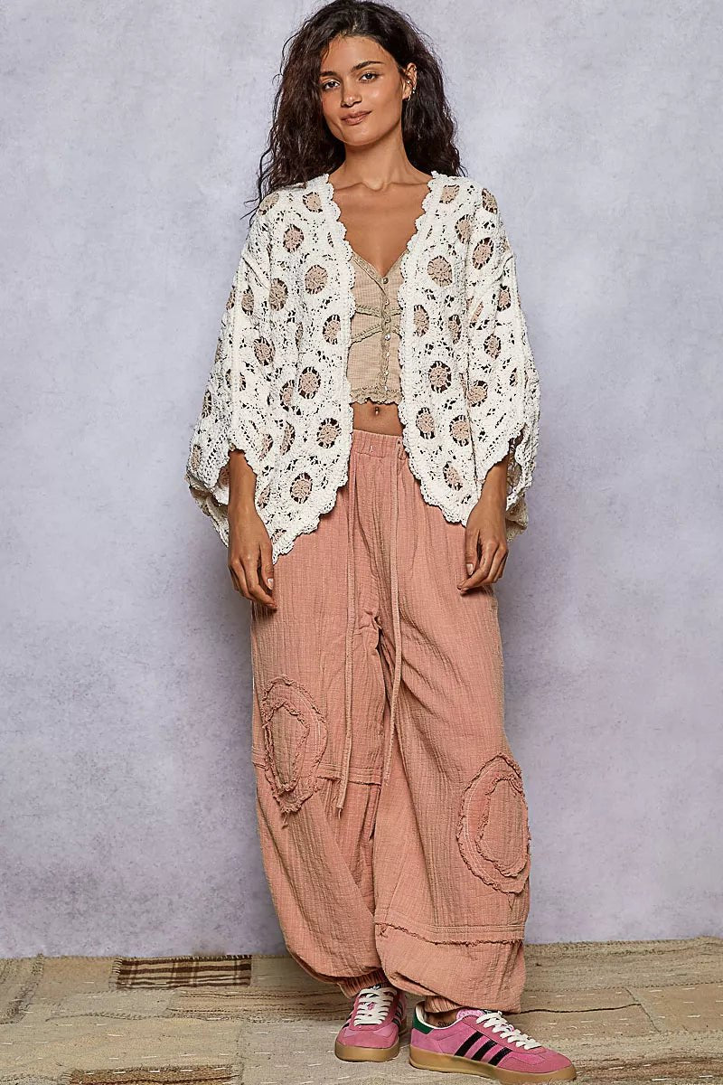 POL Openwork V - Neck Chenille Cardigan with Contrast Floral - Jennie Dots